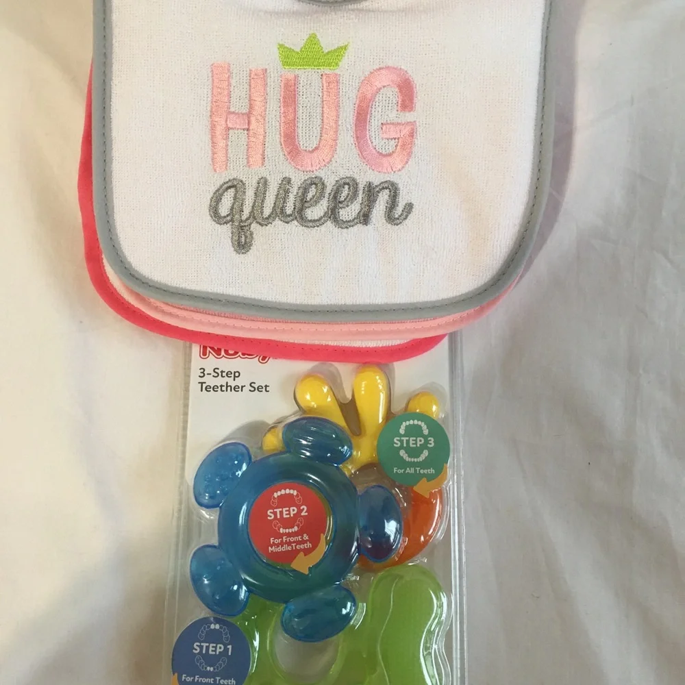 Kids bibs and nuby 3 stage teether set /New